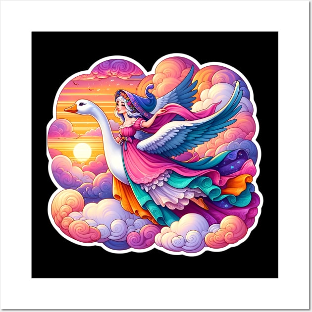 Enchanting Sunset Ride Mystical Woman and Swan Illustration Wall Art by TaansCreation 
